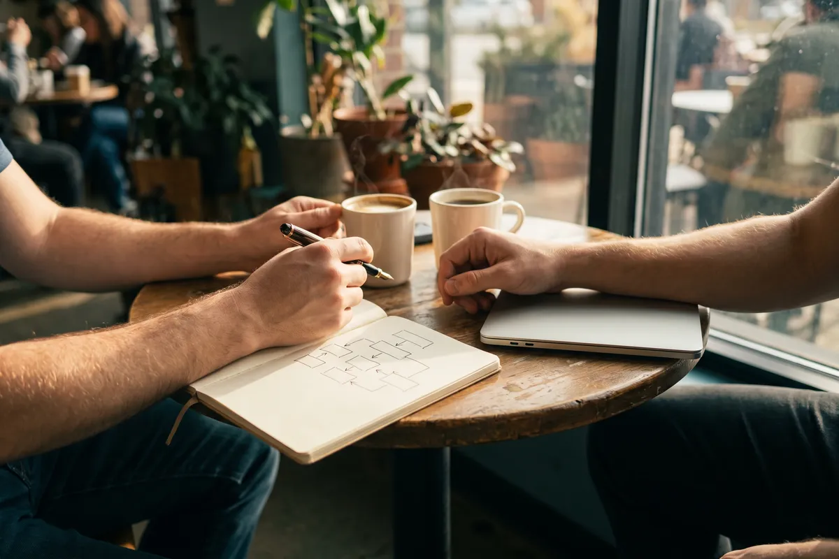 Two people planning an automation together over coffee