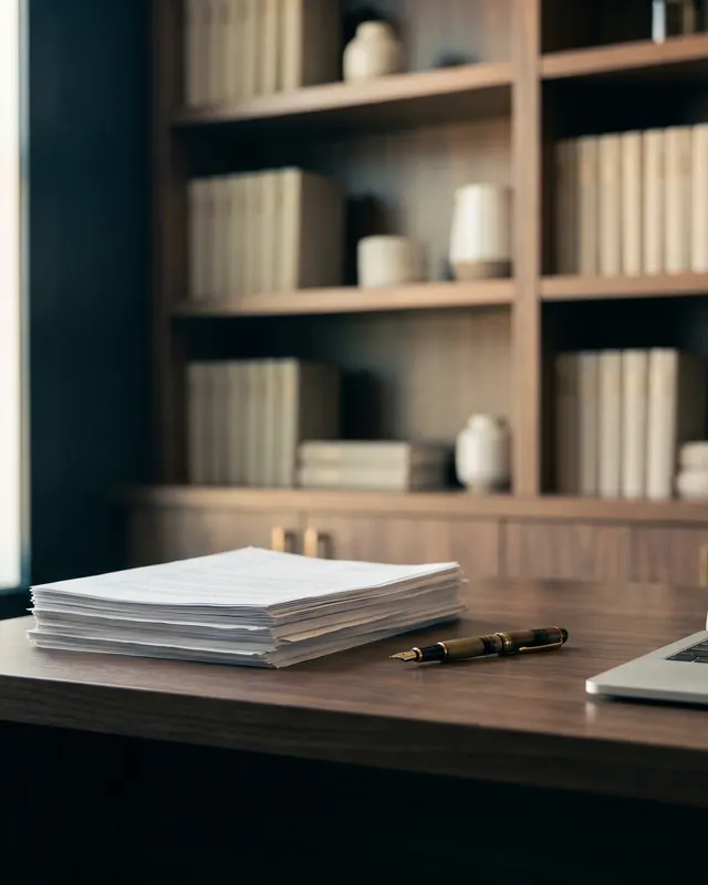 A tidy law office desk with a contract and pen