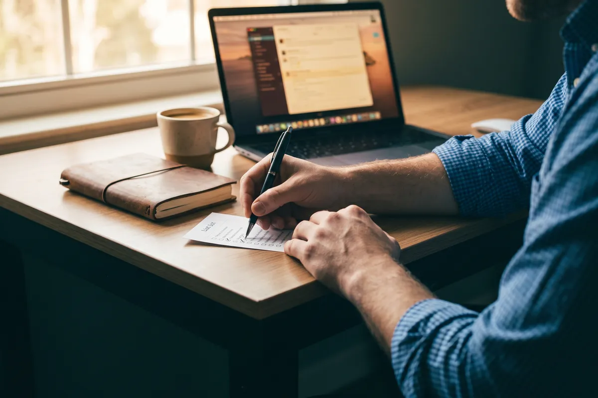 A business owner's hands ticking off a short list next to a laptop
